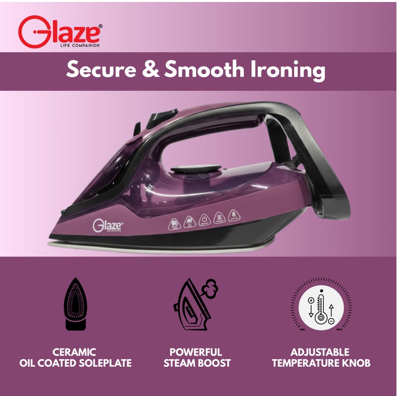 جليز مكواة بخار بقوة 2600 واط، قاعدة سيراميك، خاصية تعزيز البخار القوي، تحكم قابل للتعديل في درجة الحرارة، مانعة للتنقيط، مانعة لتراكم الكلس، إيقاف تشغيل تلقائي، مكواة ملابس سريعة التسخين - بنفسجي - Image 4